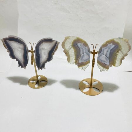 2 Pairs Stripe Agate Symmetry Butterfly Wing Carving With Stand