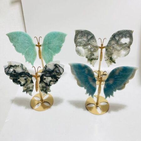 4 Pairs Beautiful Butterfly Carving With Stand Moss Agate Trolleite
