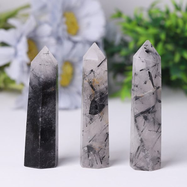 Natural Black Tourmaline in Quartz Points Healing Tower