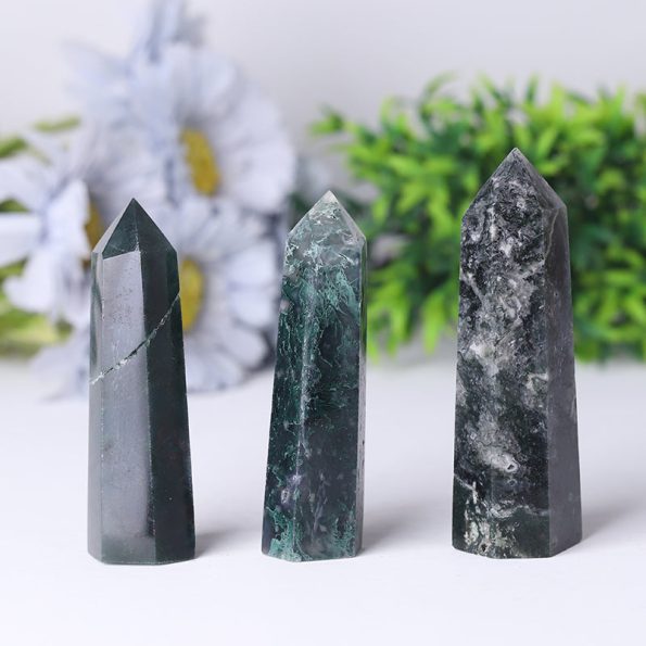 Wholesale Natual Crystal Healing Moss Agate Point Wand Tower