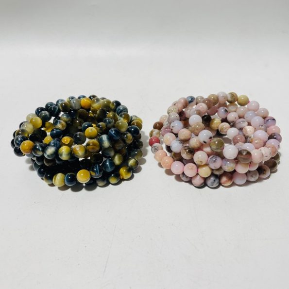 2 Types Stone Bracelet Wholesale Gold Blue Tiger Eye&Pink Opal